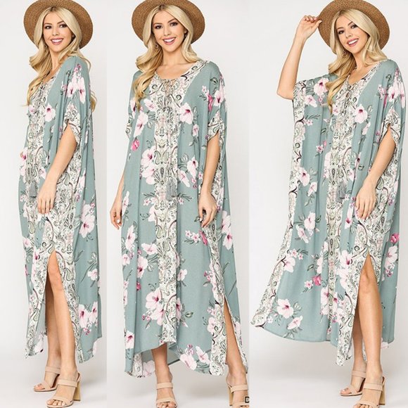 NEW Sage Mint Laced Up Tassels Kaftan Maxi Dress - Picture 6 of 10
